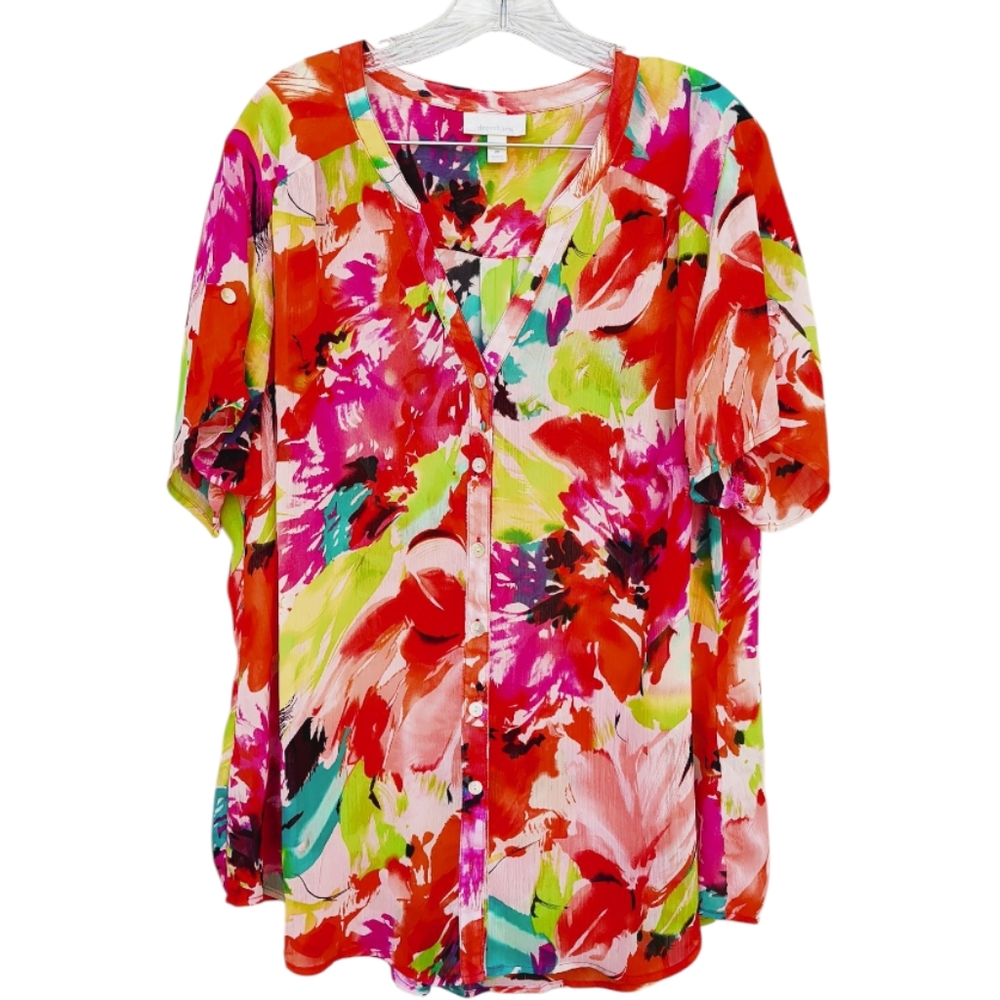 DRESS BARN Floral/Tropical Sheer V-Neck Top/Blouse Size 2X